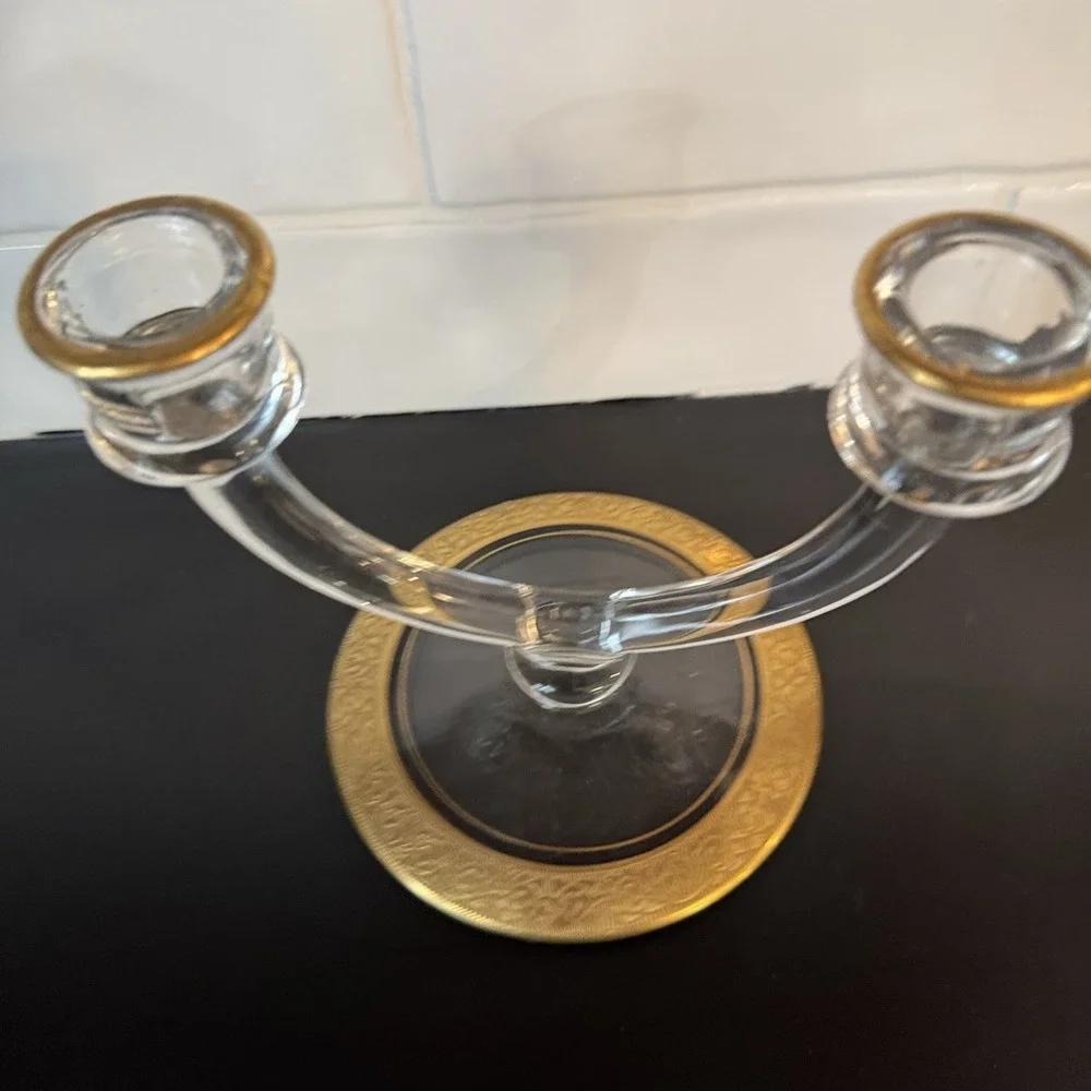 Vintage Glastonbury Lotus Rambler Rose Gilded Gold‎ Double Candlestick Holder